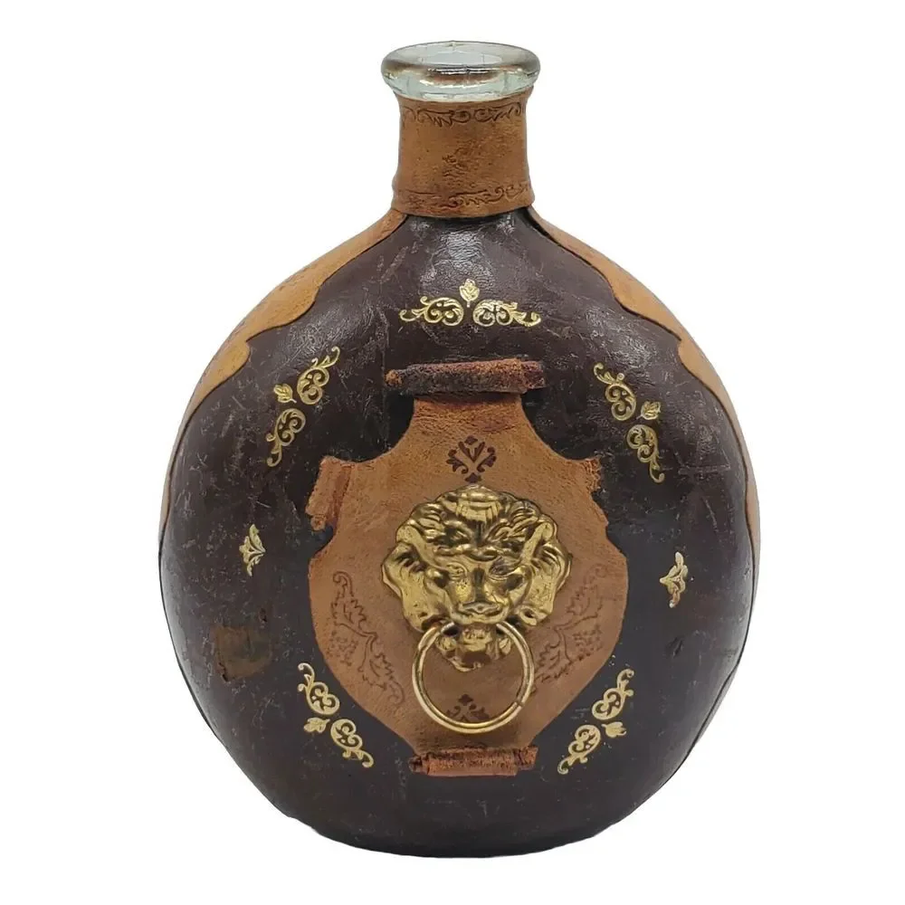 Vintage Italian Leather‎ Wrapped Decanter Bottle With Lions Head Knocker No Top